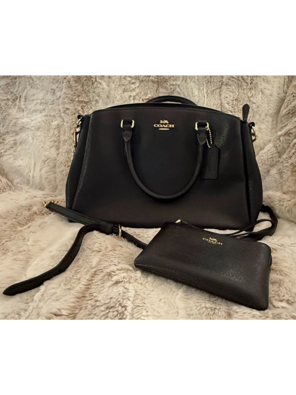 Coach Sage Satchel F28976 Black/Gold Leather Shoulder Crossbody Bag w/ Wristlet